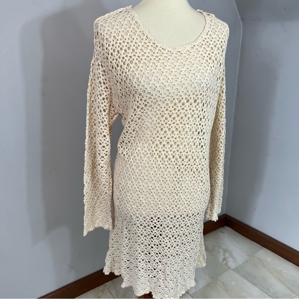 Vintage ecru white cotton crochet swimsuit coverup resortwear beach vacay swim - Picture 2 of 11